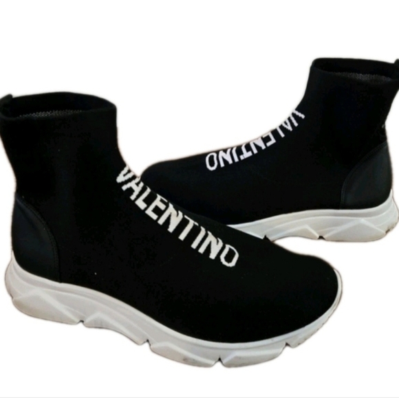 Valentino Other - Valentino By Mario Logo Black Stretch Knit Slip On Fashion Sneakers Men’s Sz 12